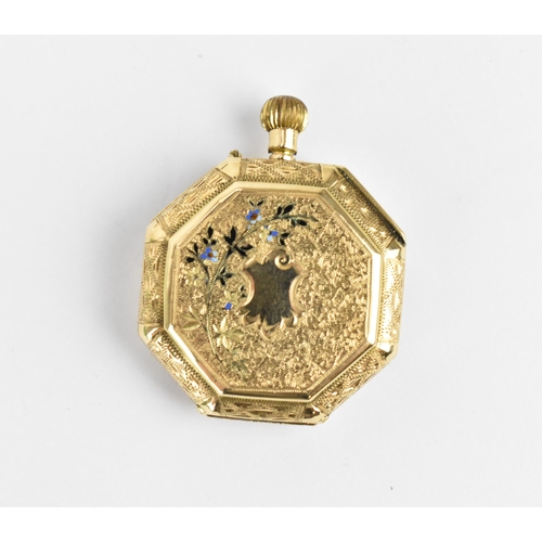 45 - A late 19th/early 20th century 14ct gold, open faced fob watch of octagonal form, having a white ena... 