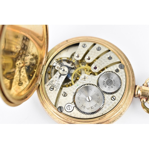 46 - An early 20th century Rolex gold plated, full hunter pocket watch having a white enamel dial with Ro... 