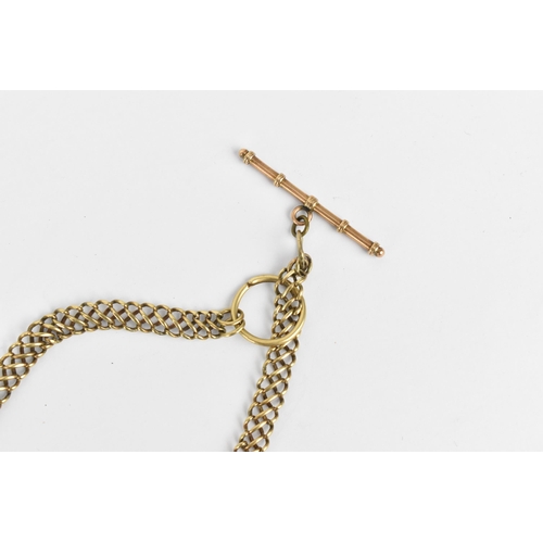 52 - An early 20th century yellow metal pocket watch chain having a T-bar and 'O' ring, 30cm long, 16.8 g... 