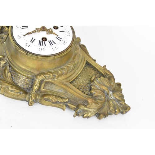 97 - A 19th century French gilt metal Louis XV style wall hanging clock, the case having a torch finial a... 