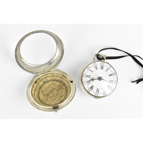 102 - A George III silver pair cased pocket watch having a white enamel dial A/F, with Roman and Arabic nu... 