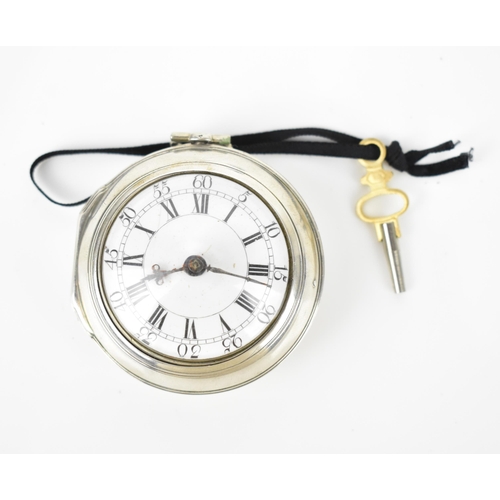 102 - A George III silver pair cased pocket watch having a white enamel dial A/F, with Roman and Arabic nu... 