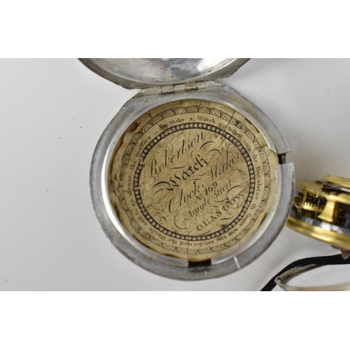 102 - A George III silver pair cased pocket watch having a white enamel dial A/F, with Roman and Arabic nu... 