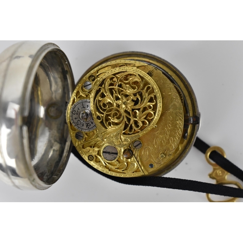 102 - A George III silver pair cased pocket watch having a white enamel dial A/F, with Roman and Arabic nu... 