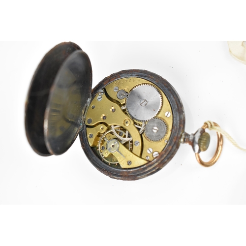 110 - A circa 1900 keyless wind open faced pocket watch having a white enamel dial, baton markers, subsidi... 