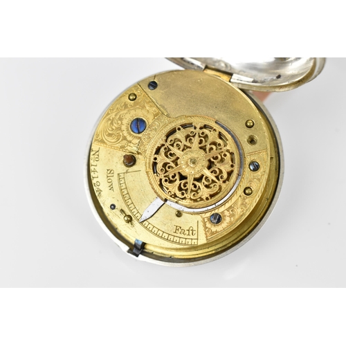 99 - An early 19th century silver pair cased pocket watch having a white enamel dial with blued hands, Ro... 