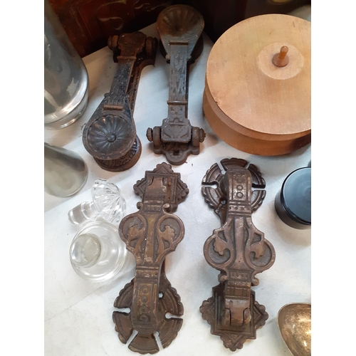 119 - A Smiths mantel clock, circa 1940's, mixed treen to include boxes, four Victorian door knockers, two... 