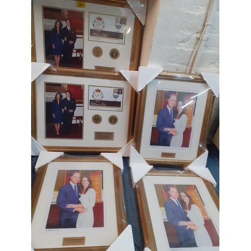 302 - Five Kate Middleton and Prince William prints, framed, to include commemorative coins and covers 201... 