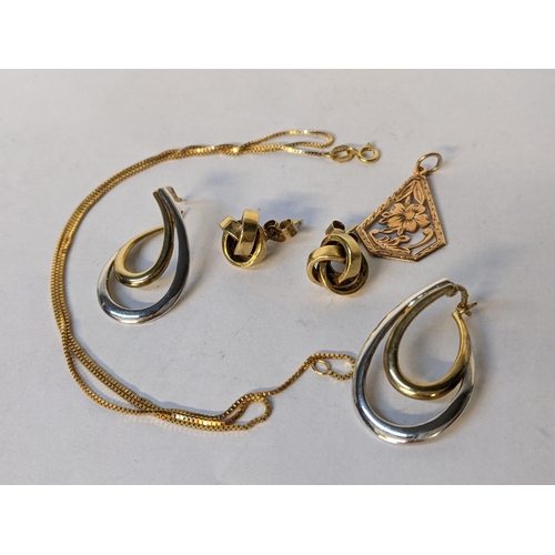 326 - Mixed 9ct gold jewellery to include two pairs of earrings and a necklace, 10.7g and a gold pendant
L... 