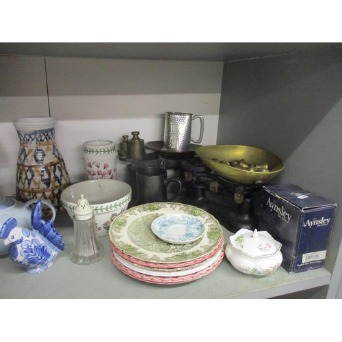 135 - A miscellaneous lot to include kitchen scales, Le Creuset teapot, various other metalware, ceramics ... 