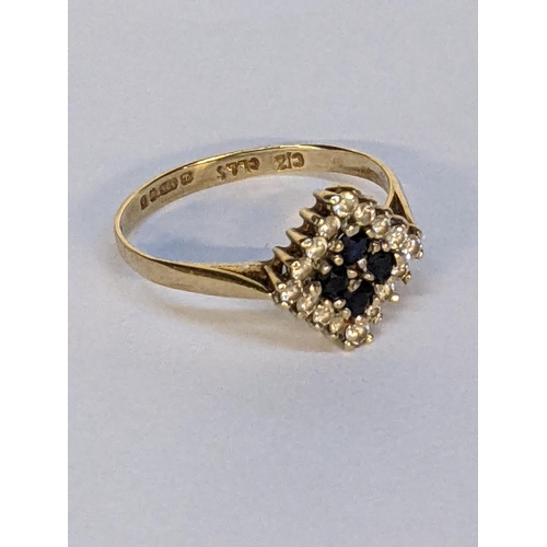 14 - A 9ct gold sapphire and paste stone diamond shaped ring, 1.75g, together with a 9ct gold five stone ... 