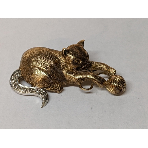 177 - 9ct yellow gold cat brooch, the tail set with white stones, 5.5g
Location: CAB1