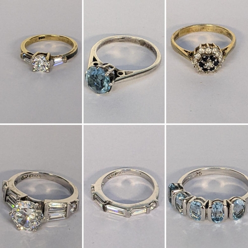 19 - Six silver set rings to include a cluster ring inset with sapphires and paste stones
Location: CAB4