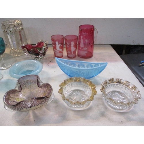 195 - Glassware to include Mary Gregory style beakers and jug, green glass wines, art glass blue, Vaseline... 