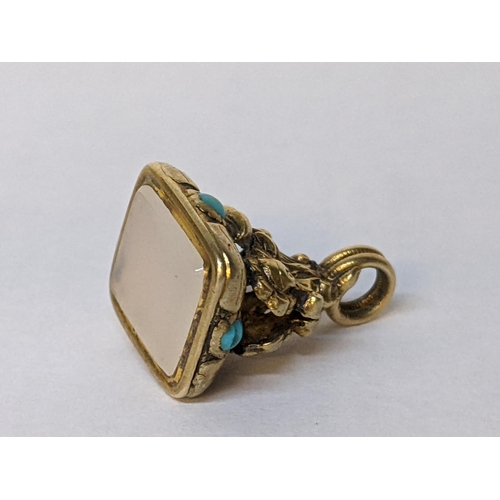 84 - A yellow metal Victorian fob seal inset with four turquoise stones, 5.7g Location: CAB1