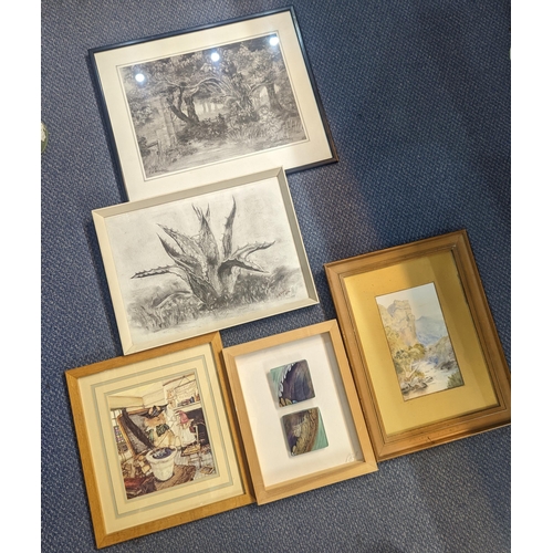 87 - A group of framed and glazed pictures to include a watercolour, signed B.E.Cox, F.M Hillman charcoal... 