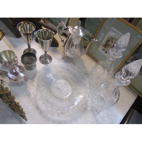 324 - Collectables to include prints, a pair of painted candelabra, silver plated tea set, glass decanters... 