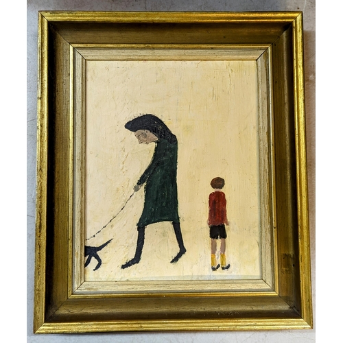 451 - Follower of L S Lowry, oil on board of figures walking a dog Location: LWM