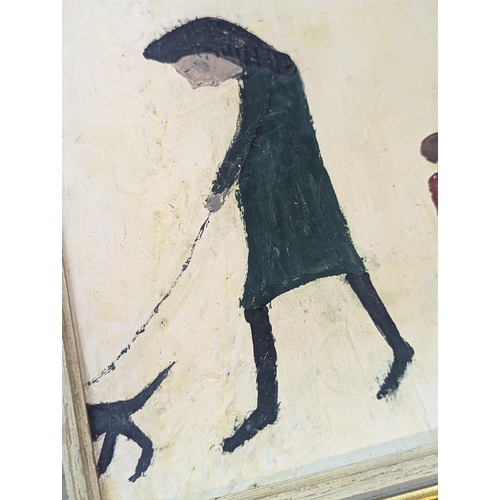 451 - Follower of L S Lowry, oil on board of figures walking a dog Location: LWM