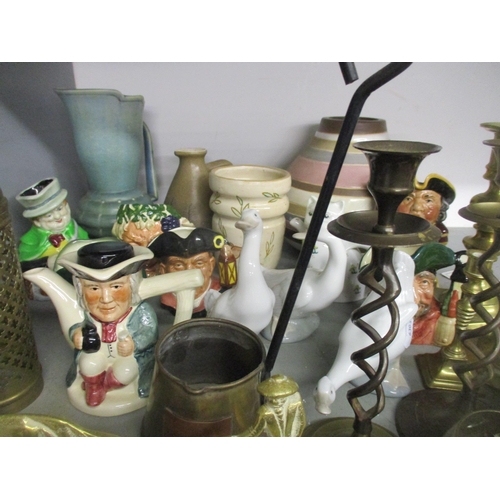 468 - A mixed lot of ceramics and brassware to include Lladro geese, Doulton small character jugs, brass c... 