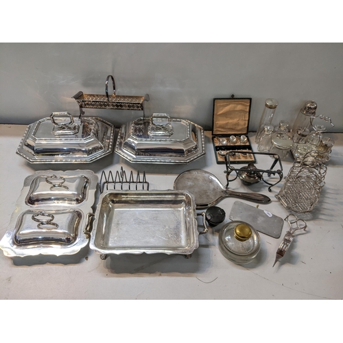 541 - Mixed silver and silver plate to include silver topped dressing table jars and silver mirror, of sil... 