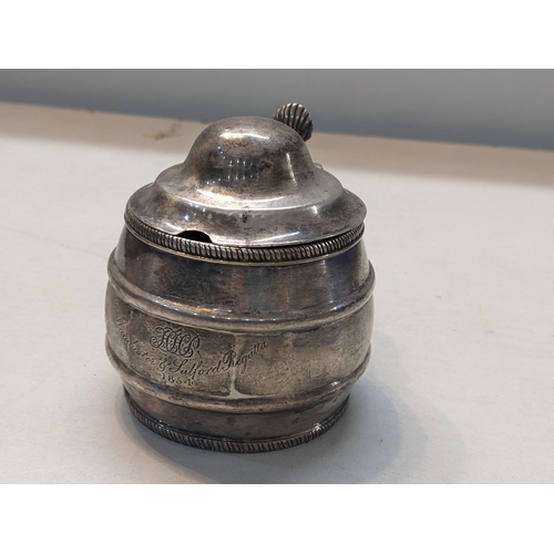 552 - An early 19th century silver lidded mustard of barrel design with a blue glass liner
Location: 10.1