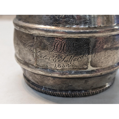 552 - An early 19th century silver lidded mustard of barrel design with a blue glass liner
Location: 10.1