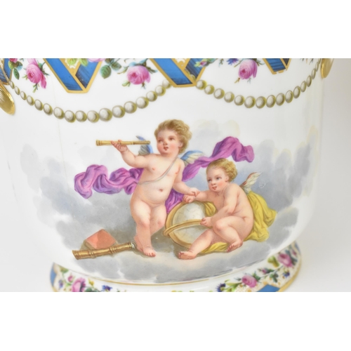 34 - A pair of 19th century French porcelain cachepot by Rihouet, Paris, with twin handles, the front han... 