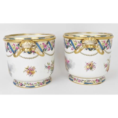 34 - A pair of 19th century French porcelain cachepot by Rihouet, Paris, with twin handles, the front han... 