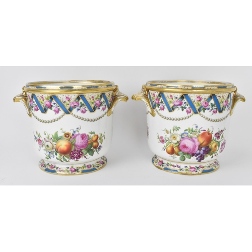 34 - A pair of 19th century French porcelain cachepot by Rihouet, Paris, with twin handles, the front han... 