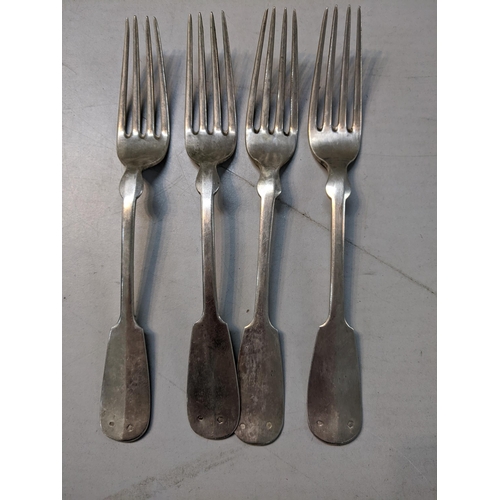 12 - A set of four continental white metal forks engraved with family initials to the handles, 250.4g Loc... 