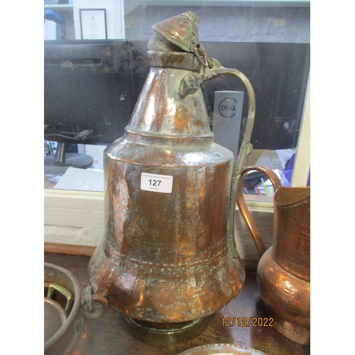 127 - Copper to include French examples, a milk churn, a jug stamped LG, pots and other items Location:G