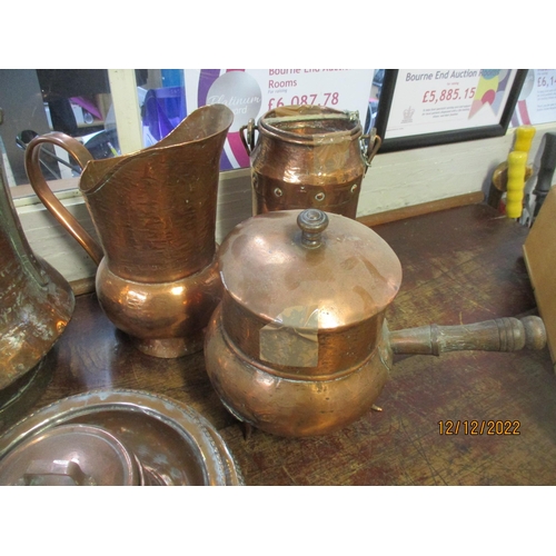 127 - Copper to include French examples, a milk churn, a jug stamped LG, pots and other items Location:G