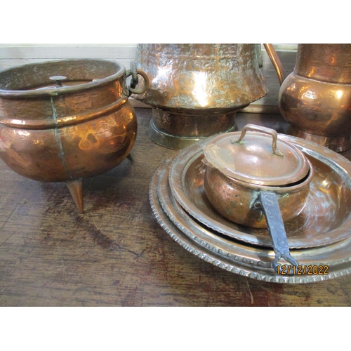 127 - Copper to include French examples, a milk churn, a jug stamped LG, pots and other items Location:G