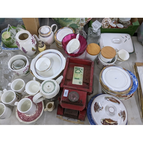 131 - A mixed lot to include Portmerion, treen models of a truck, cabbage ware plates, decanters, Grafton ... 