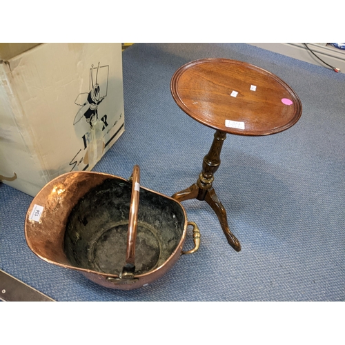 134 - A Victorian copper coal bucket, together with a mahogany tripod occasional table Location:RWM