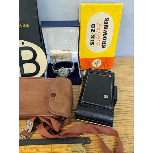 152 - A mixed lot to include a boxed six-20 folding brownie 1940/50s Rotary watch, AA badge and hip flask ... 