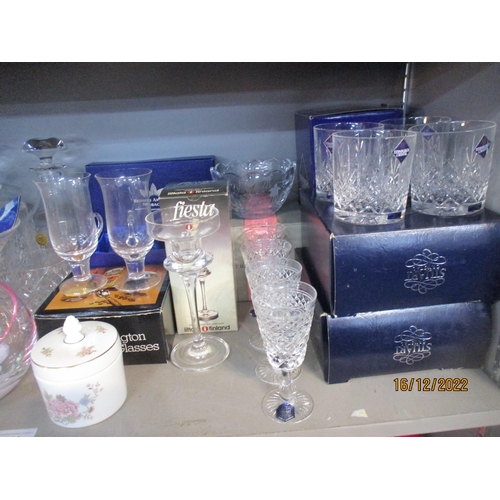 211 - A selection of mixed glassware, many boxed, to include decanters, Stuart Crystal, Dartington coffee ... 