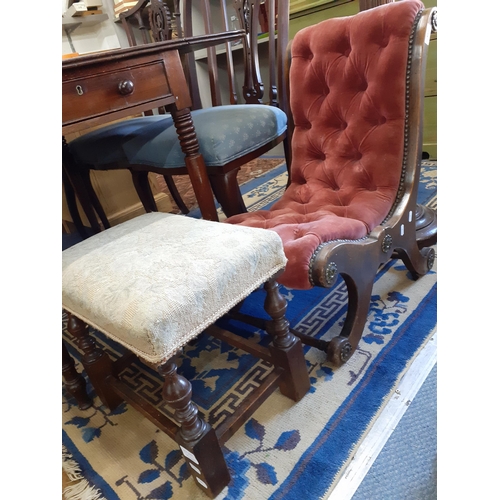 239 - Small furniture comprising a small slipper chair, an oak stool with tapestry top and a mahogany torc... 