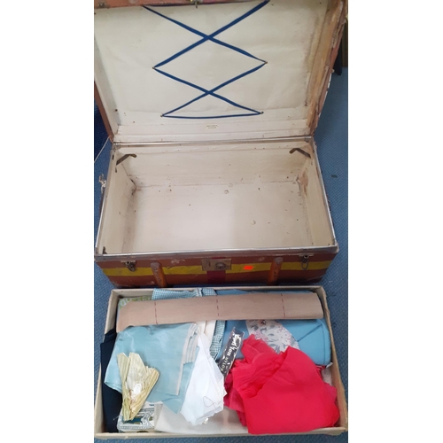 290 - A vintage Kendle, Milne & Co canvas and leather clad trunk and contents to include fabric remnants
L... 