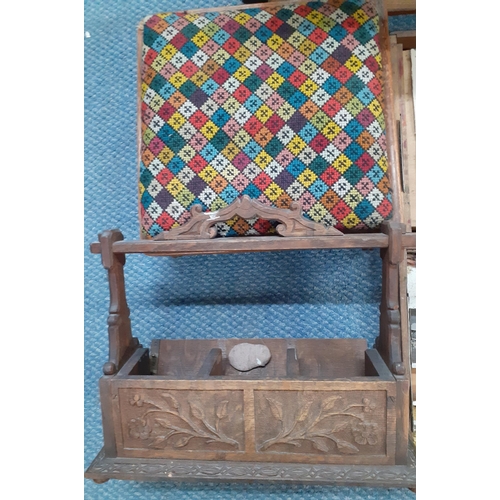 313 - A vintage paint set and contents together with a small oak wall three tier shelf unit, a carved tant... 