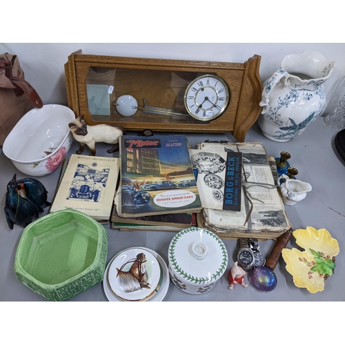 327 - A mixed lot to include a Hermle 8-day wall clock 'The Motor' magazines, wash jug, Casio watch, Beswi... 