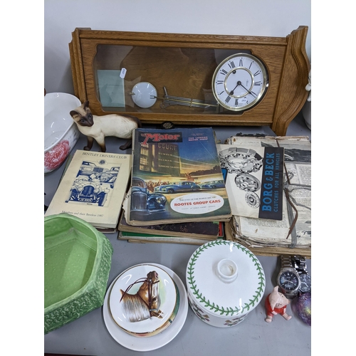 327 - A mixed lot to include a Hermle 8-day wall clock 'The Motor' magazines, wash jug, Casio watch, Beswi... 