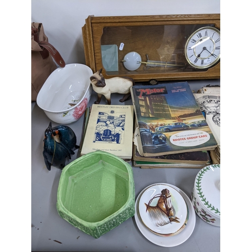 327 - A mixed lot to include a Hermle 8-day wall clock 'The Motor' magazines, wash jug, Casio watch, Beswi... 