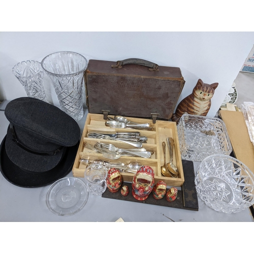 328 - A mixed lot to include two gents hats, cut glassware, Russian doll, cutlery and other items
Location... 