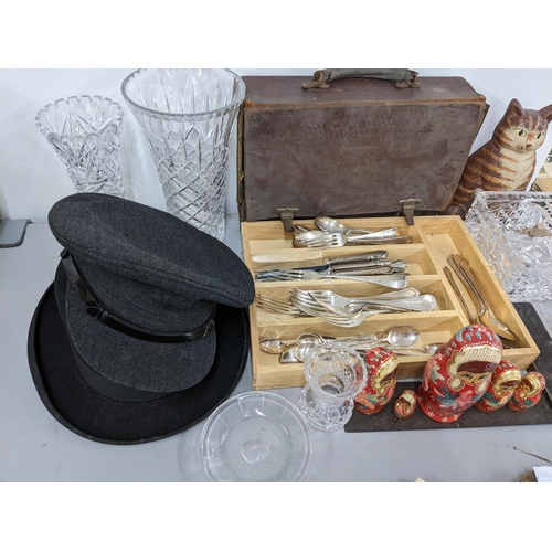 328 - A mixed lot to include two gents hats, cut glassware, Russian doll, cutlery and other items
Location... 