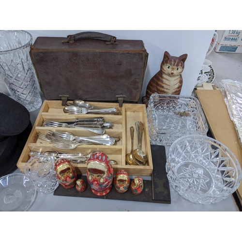 328 - A mixed lot to include two gents hats, cut glassware, Russian doll, cutlery and other items
Location... 