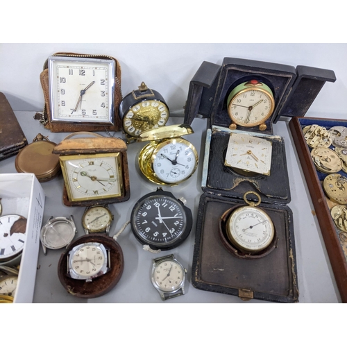 341 - A selection of pocket watch pars, wristwatches and travel clocks to include a late 18th/early 19th c... 