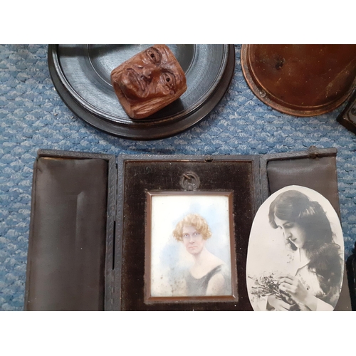 353 - A mixed lot to include a framed miniature portrait of a young lady, a vintage cased razor, two barom... 