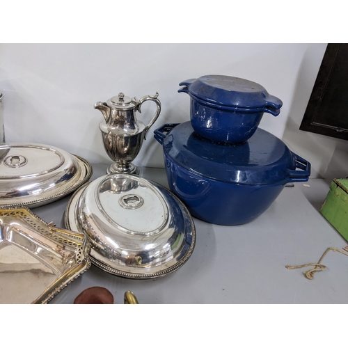 435 - A mixed lot to include silver plated tureens, cocktail shaker, table lamp, Decca Danish cooking pots... 